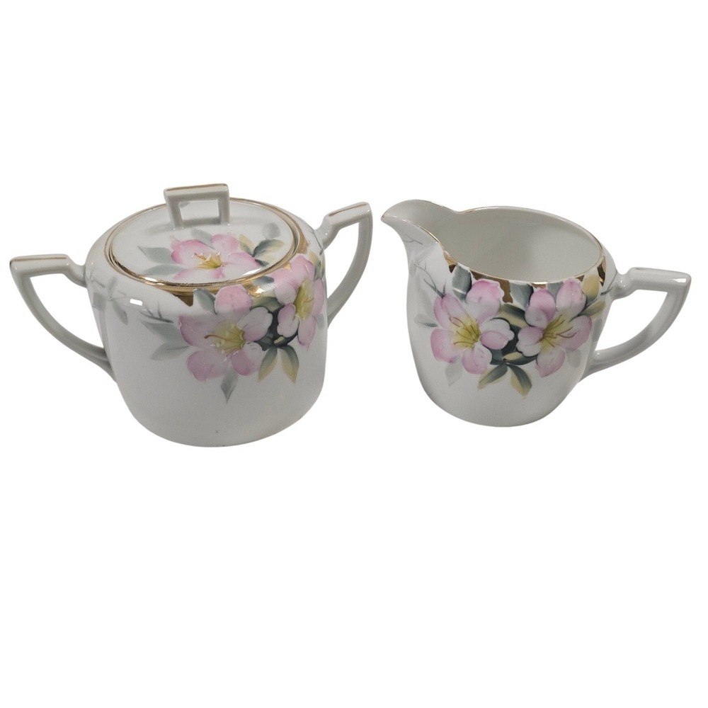 Vintage Hand Painted Nippon Sugar Bowl and Creamer Set Pink‎ Floral Gold Gilt